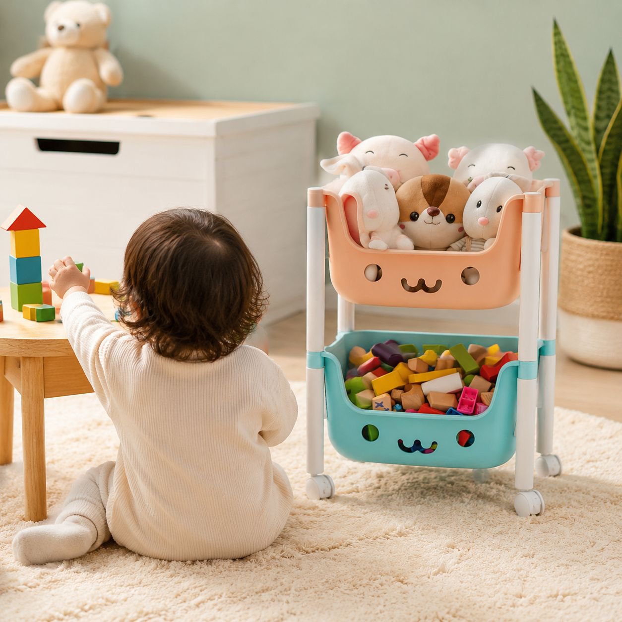 Modern design toy storage trolley for small spaces