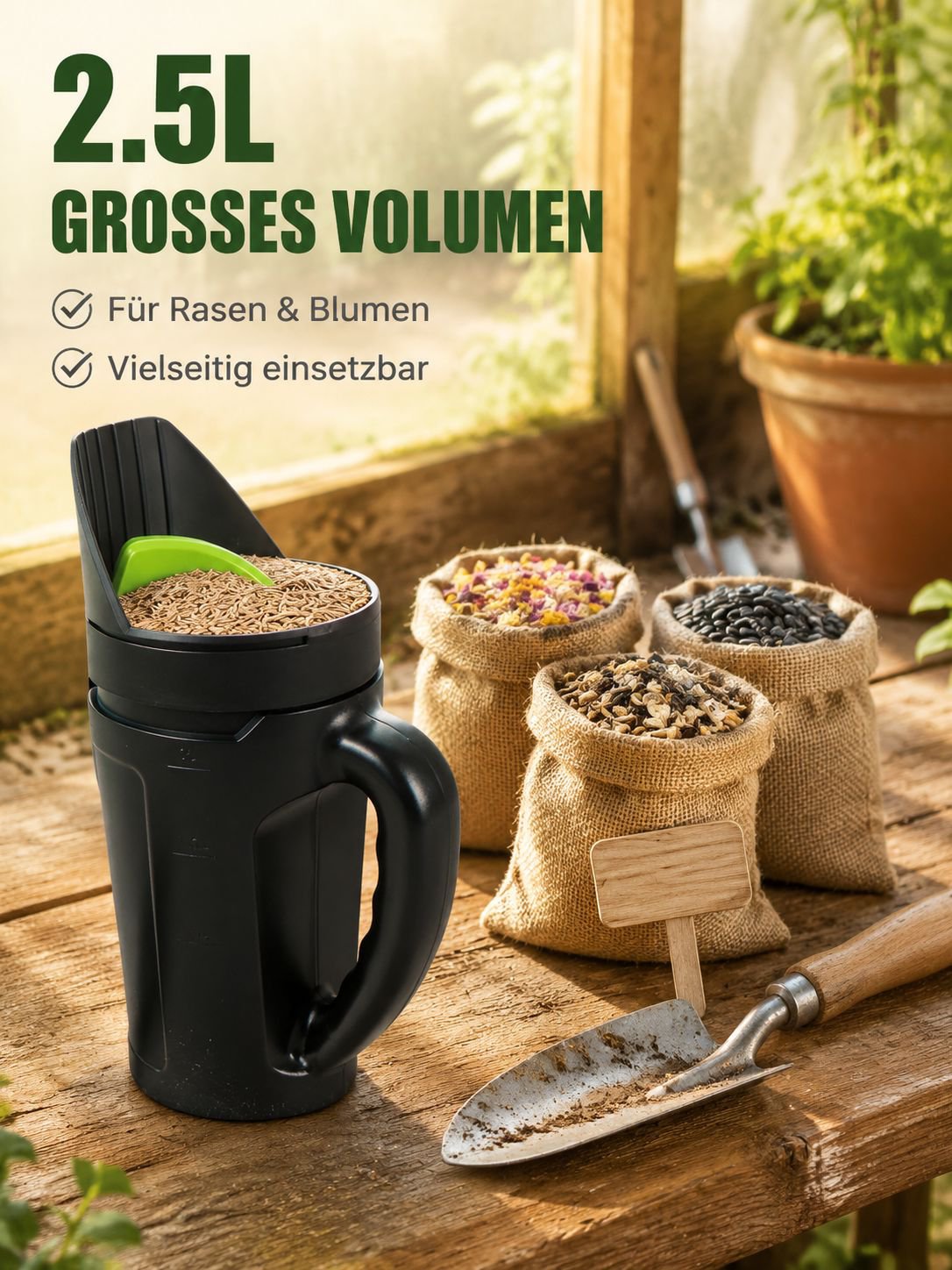 Garten Rasen Gemüse Saatgut Sämaschine Aussaattopf 2,5L Aussaattopf + Aussaatschaufel Gartenarbeit L
