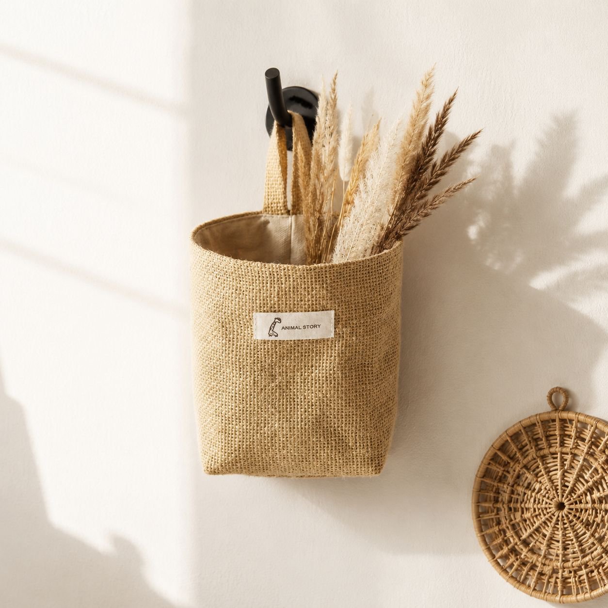 Cotton and linen storage hanging bags for hanging behind doors, on walls, and on desktops; jute stor