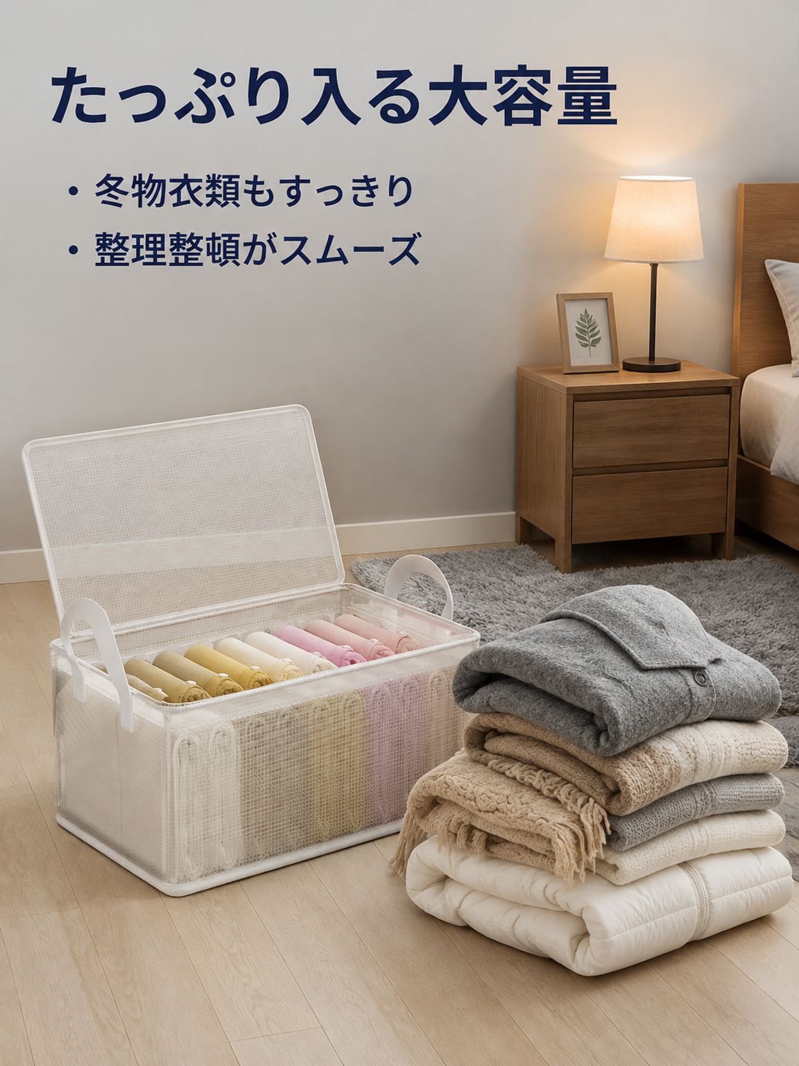 大容量家庭用透明収納ボックス、折りたたみ＆蓋付き、ワードローブ収納に最適。