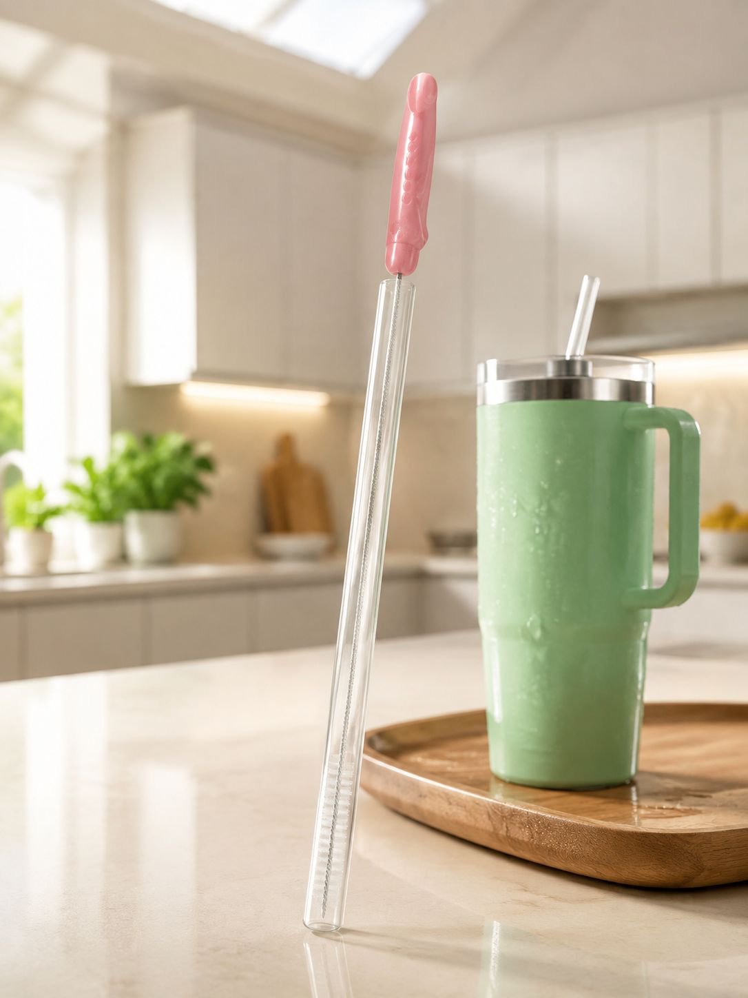 Flexible brush cleaning inside reusable straw