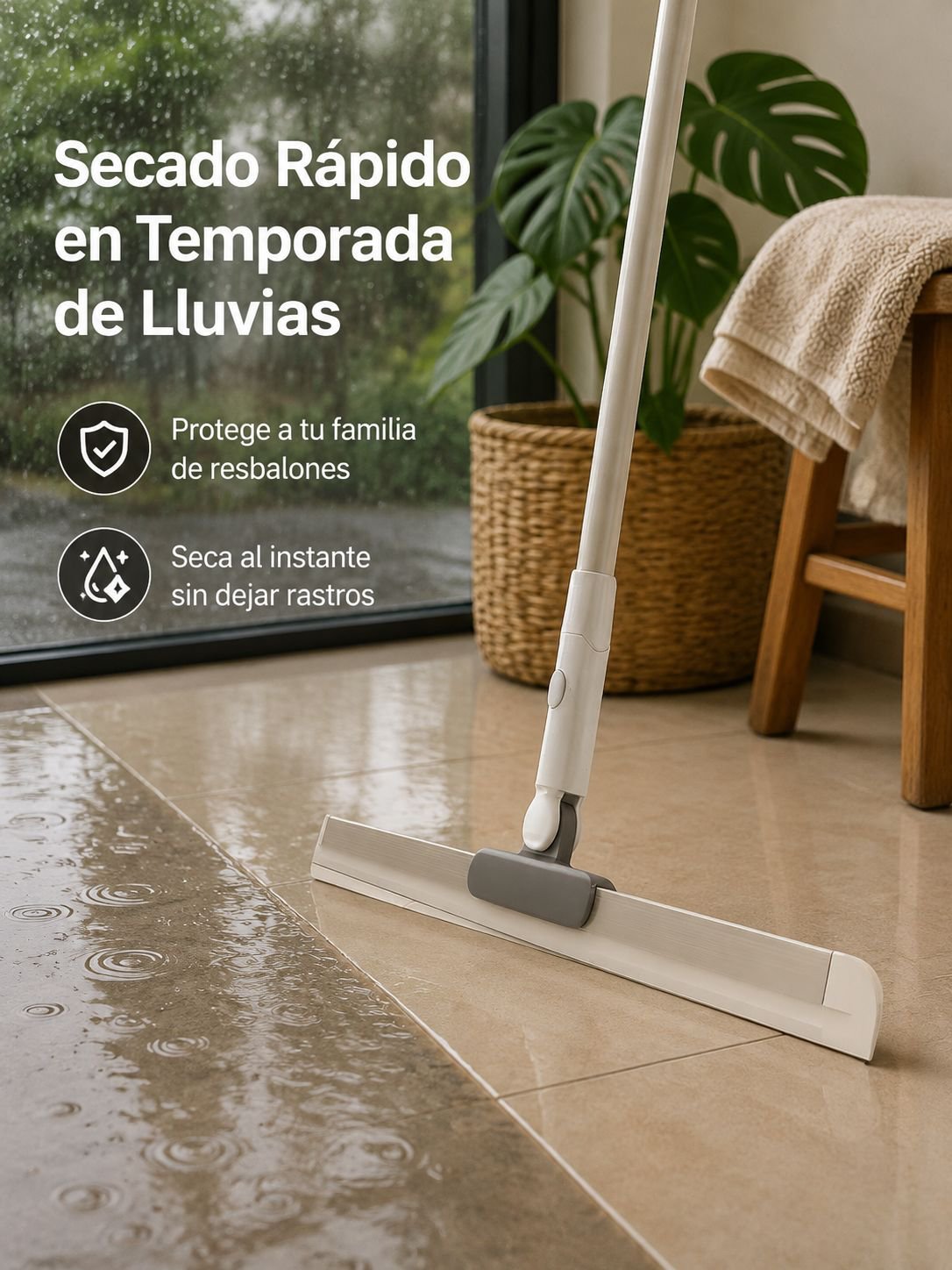 Escobilla de goma de silicona para suelos en uso sobre baldosas