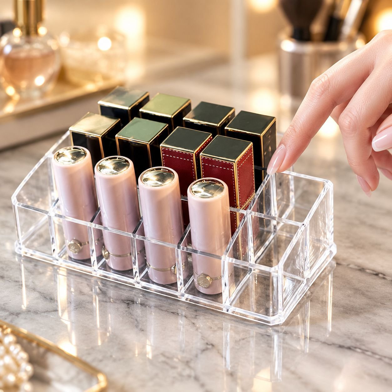 Vista superior del organizador de labiales con compartimentos llenos