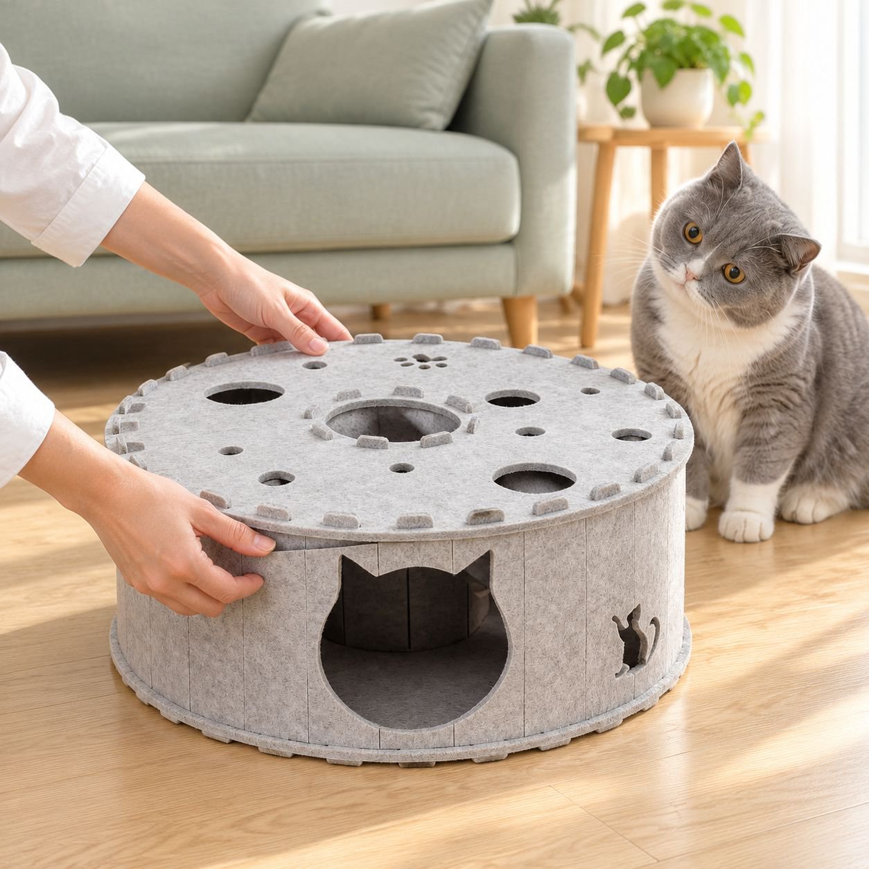 猫がくぐって楽しめるトンネル付きキャットハウス