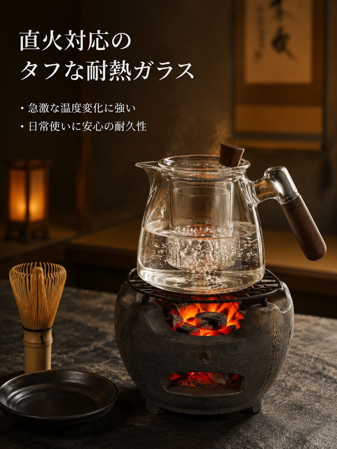 ガラスソリッドウッドハンドルほうじ茶器