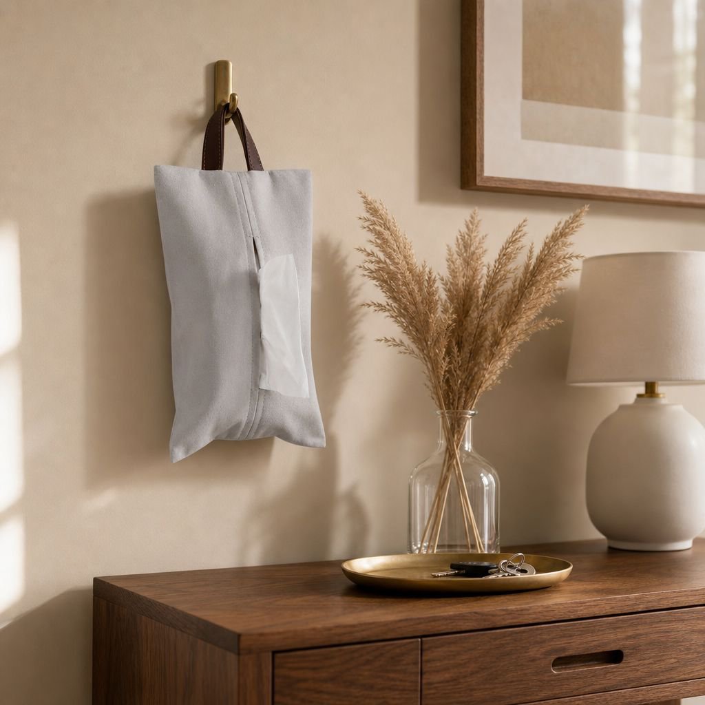 Flat tissue case placed on a living room table