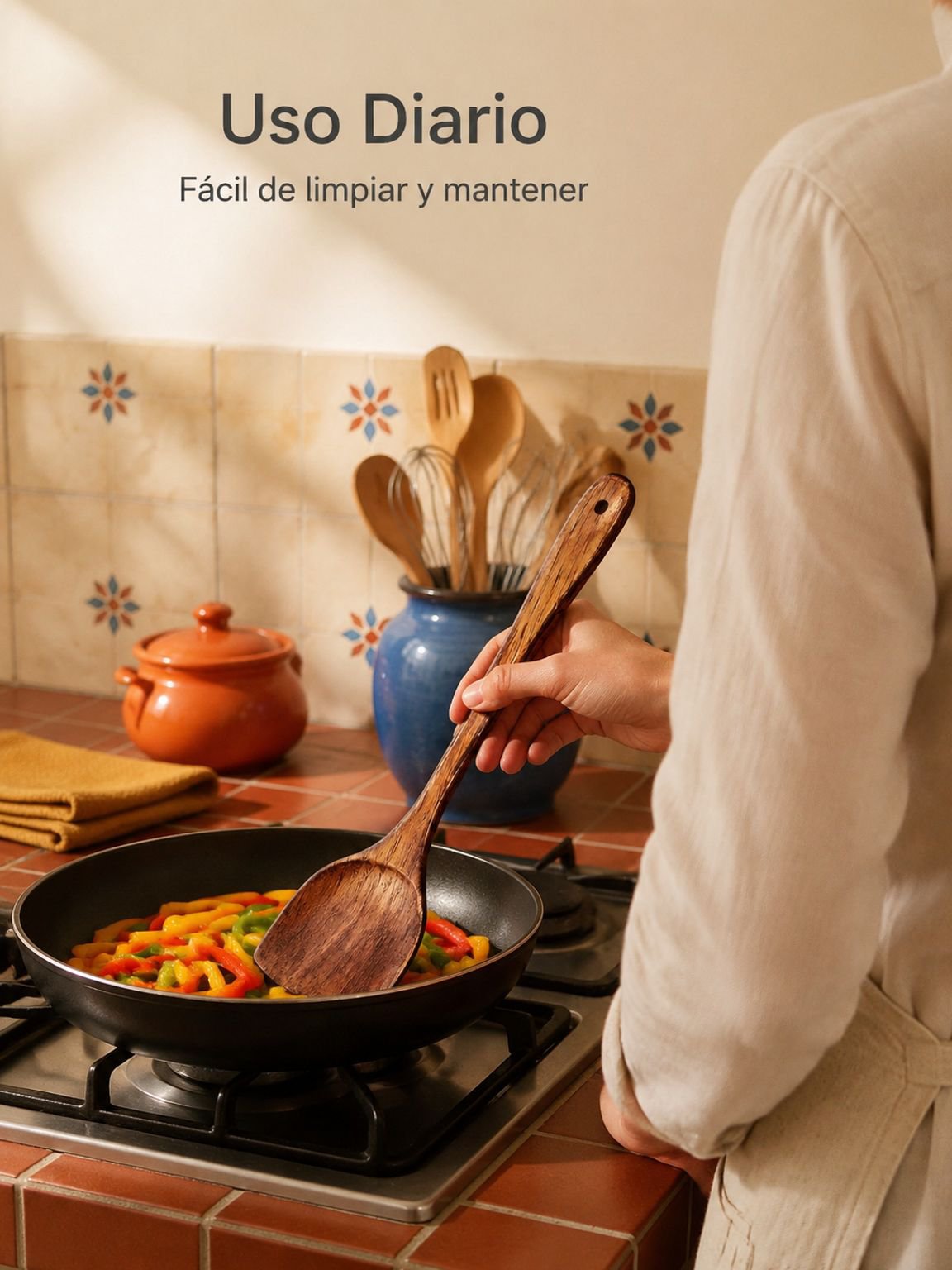 Espátula de madera de haya para cocinar en la cocina.