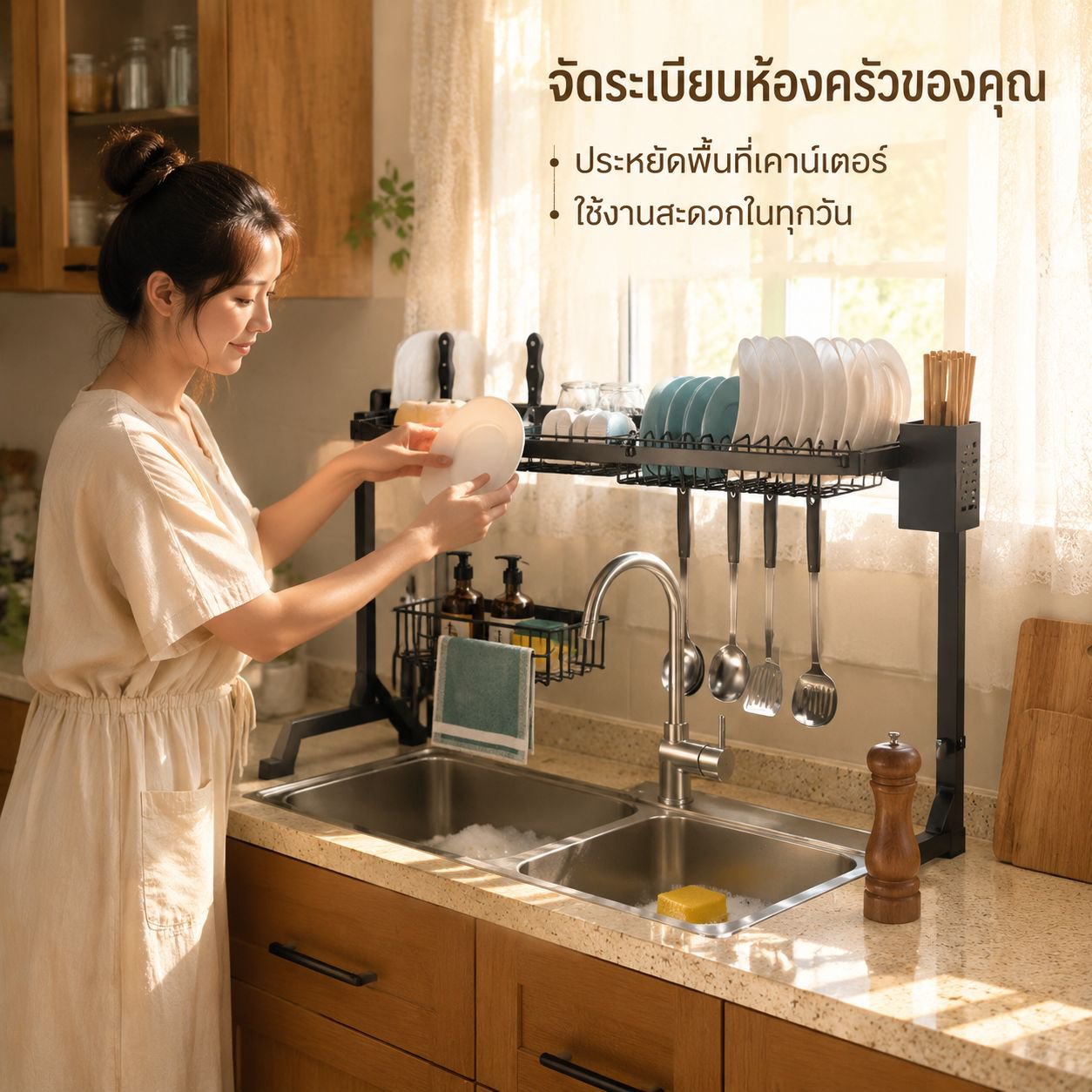 ที่วางจานสำหรับอ่างล้างจานบนเคาน์เตอร์ครัว