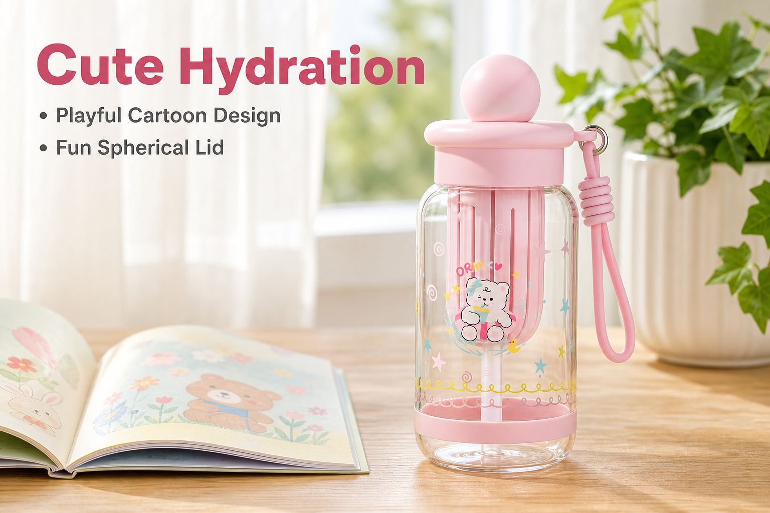 High-value, large-capacity plastic cup, cartoon straw cup for students and children, portable outdoo