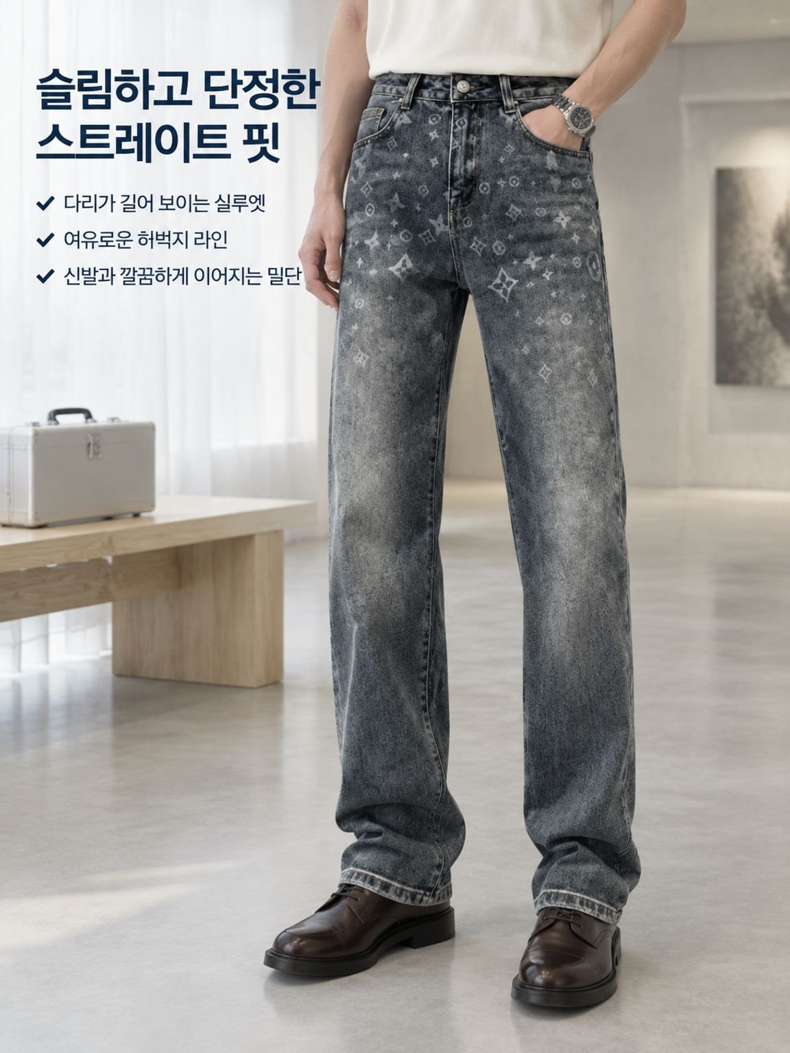 남성 캐주얼 스트레이트 핏 라이트 럭셔리 데님 팬츠
