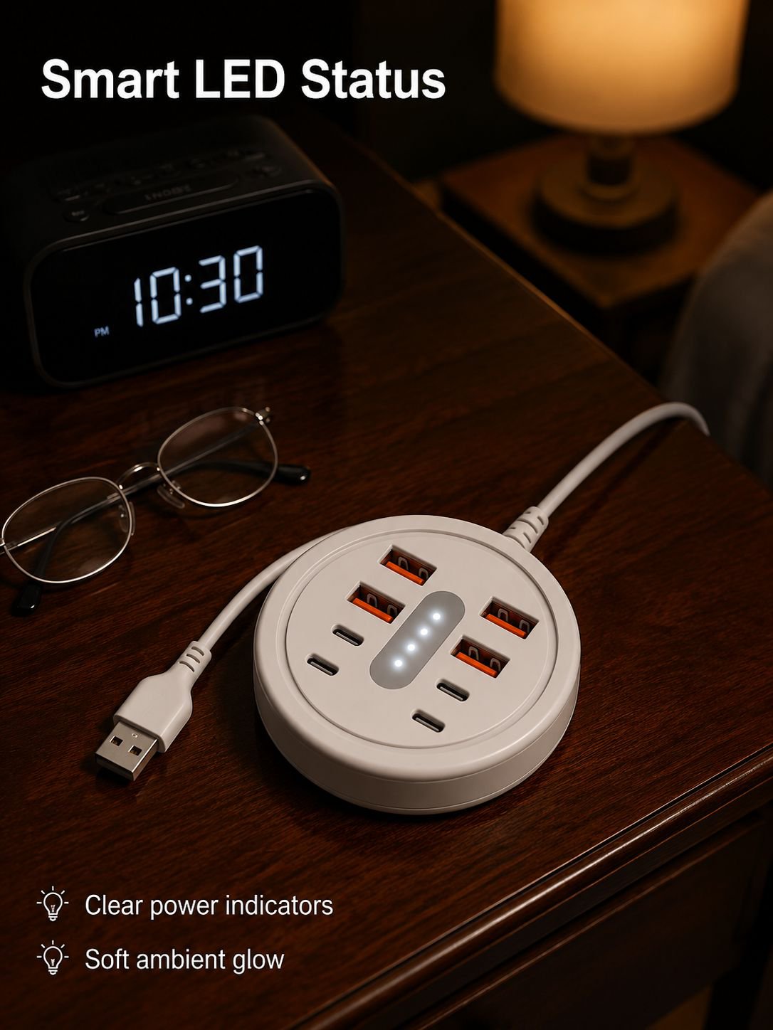 8-in-1 Round Portable Power Strip with USB & Type-C Fast Charging Adapters