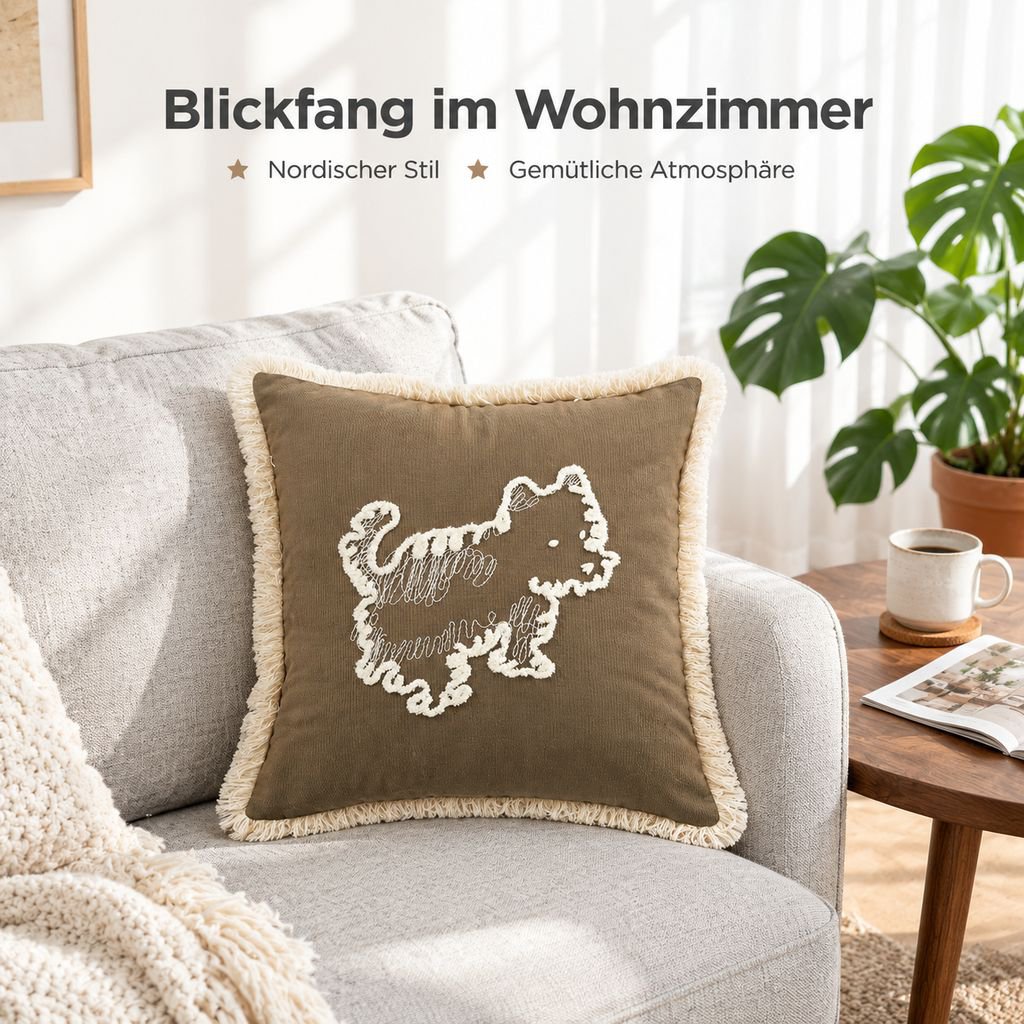 Hund-Kissenhülle aus Baumwolle Canvas mit Frottier-Stickerei