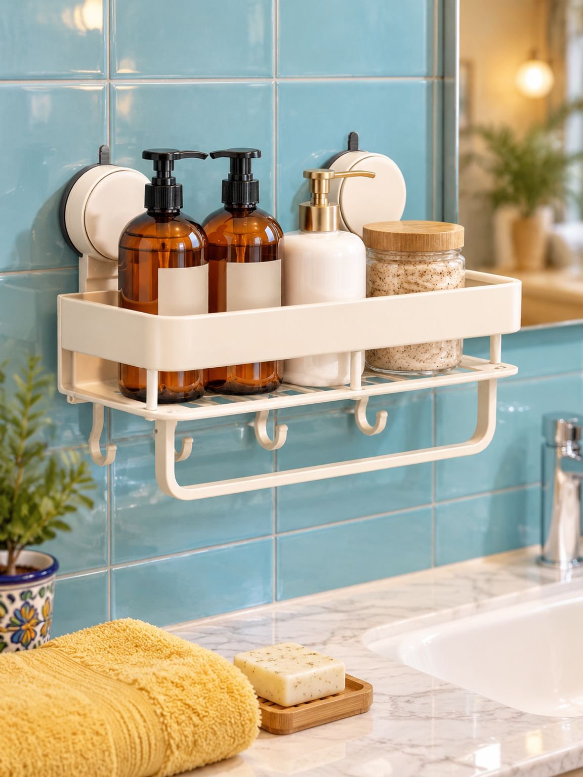 Estante de baño con ventosas, color crema