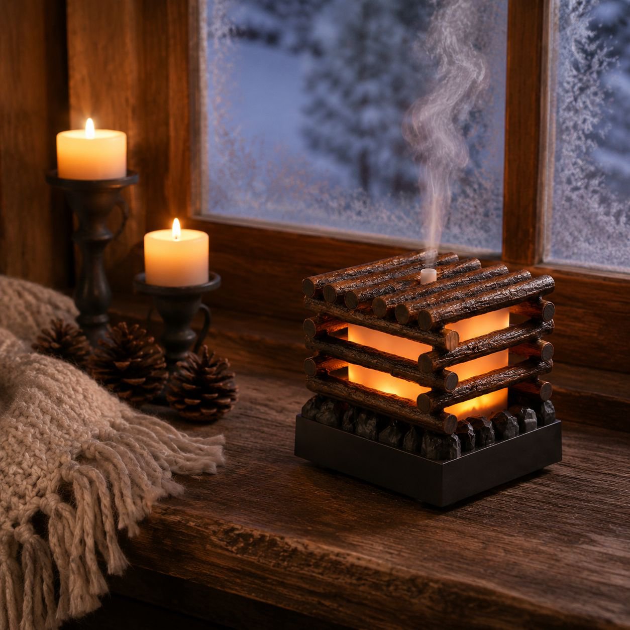 Desktop wooden style flame aroma diffuser on office desk
