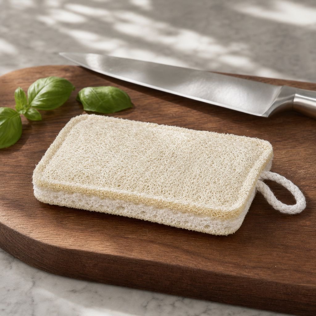 Natural wood pulp cellulose and loofah sponge scrubber for eco-friendly cleaning