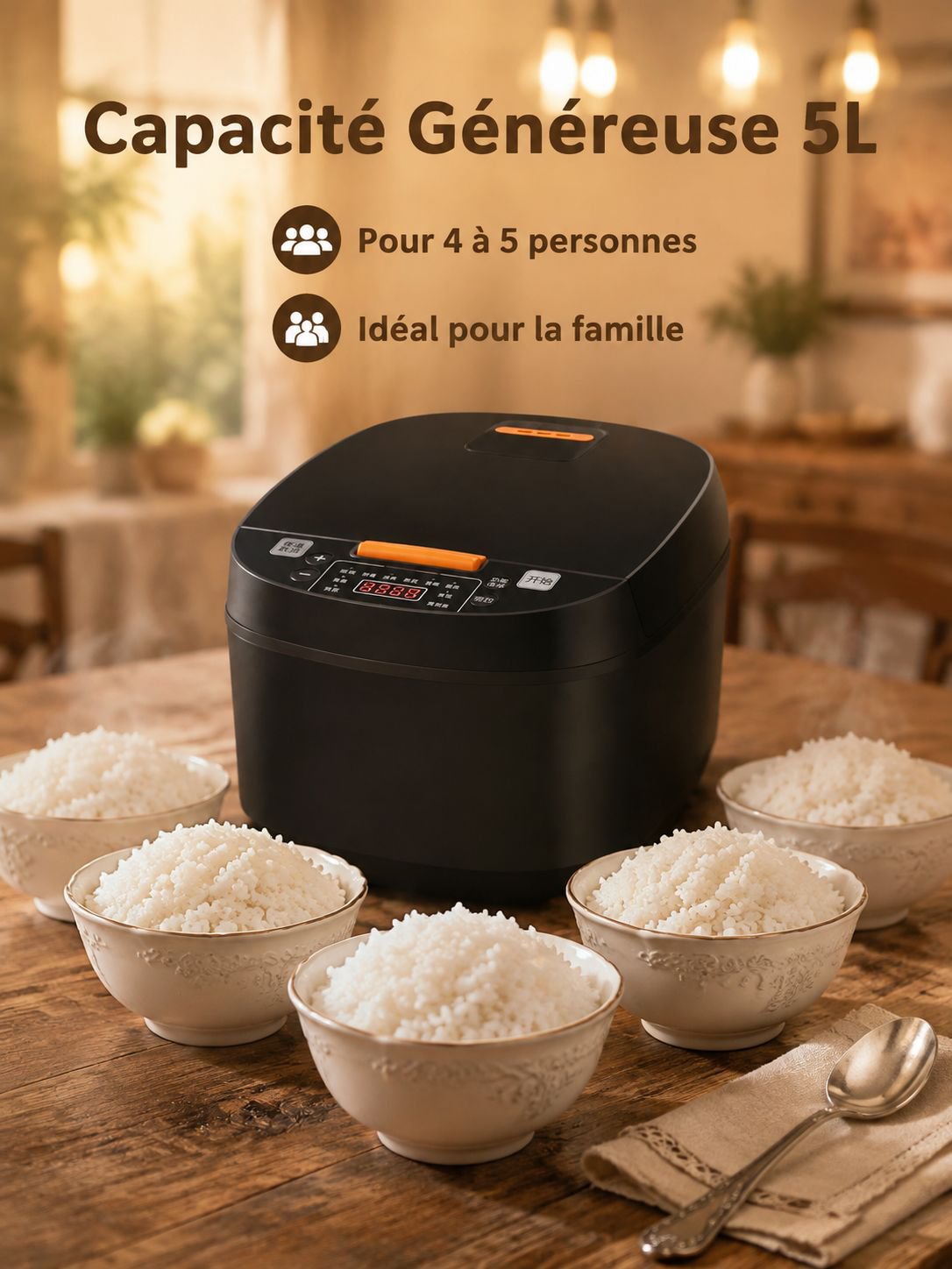 Cuiseur à riz multifonction grande capacité 5L, pour 4-5 personnes, bol intérieur épais