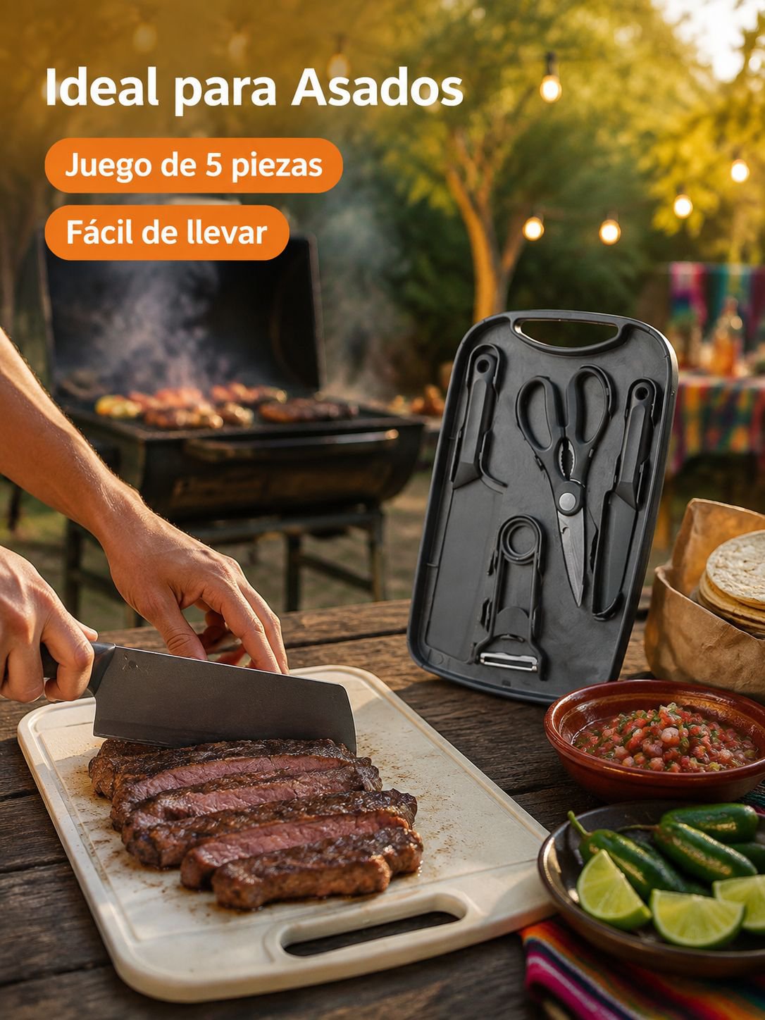 Juego de 5 piezas de cuchillos con tabla de cortar y almacenamiento multifuncional