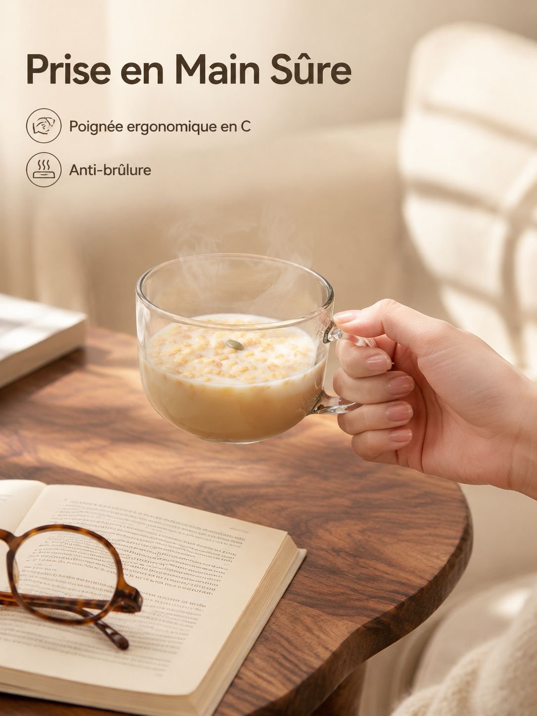 Verre à petit-déjeuner grande capacité avec couvercle et cuillère