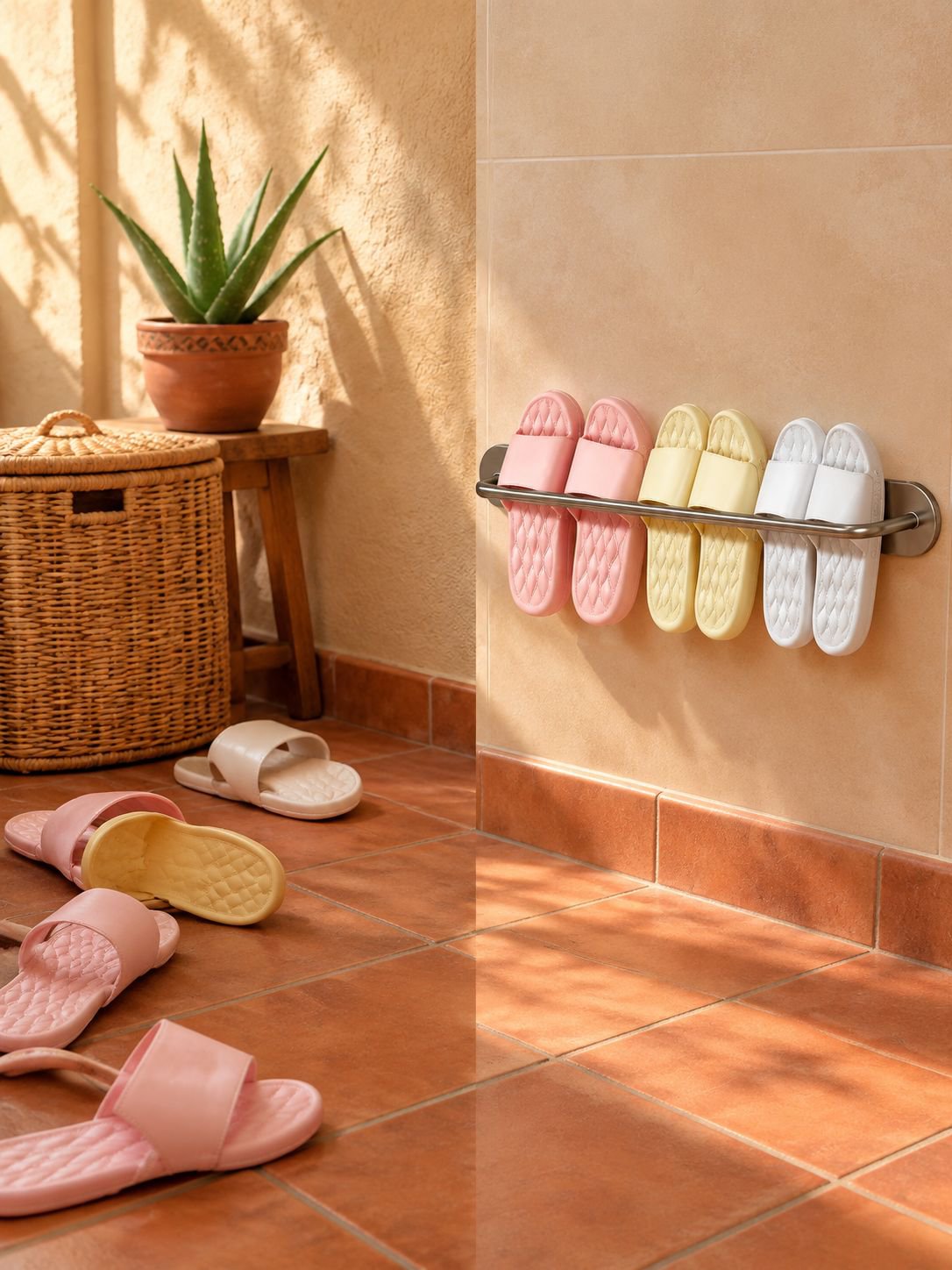 Estante para zapatos de pared instalado en baño moderno