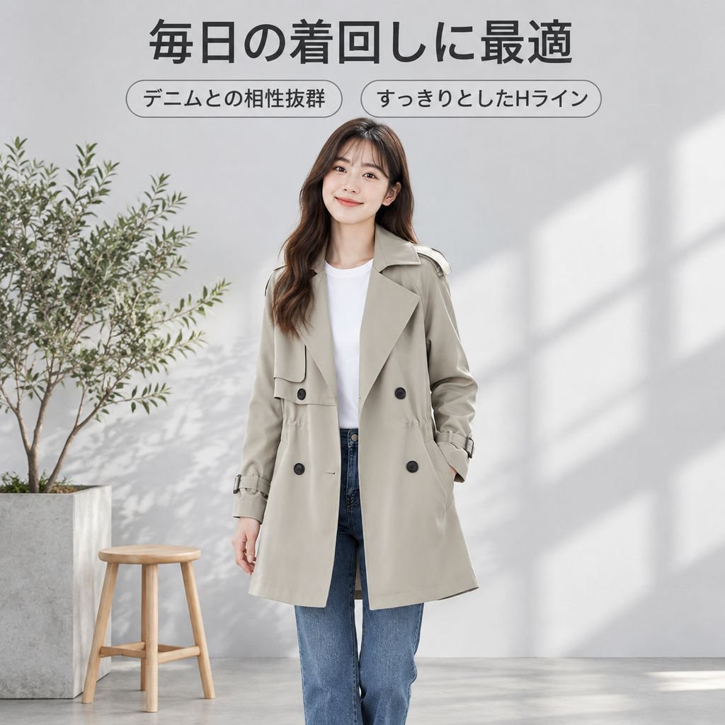 トレンチコート レディース ミドル丈 ウエストマーク ゆったり 大きいサイズ アウター