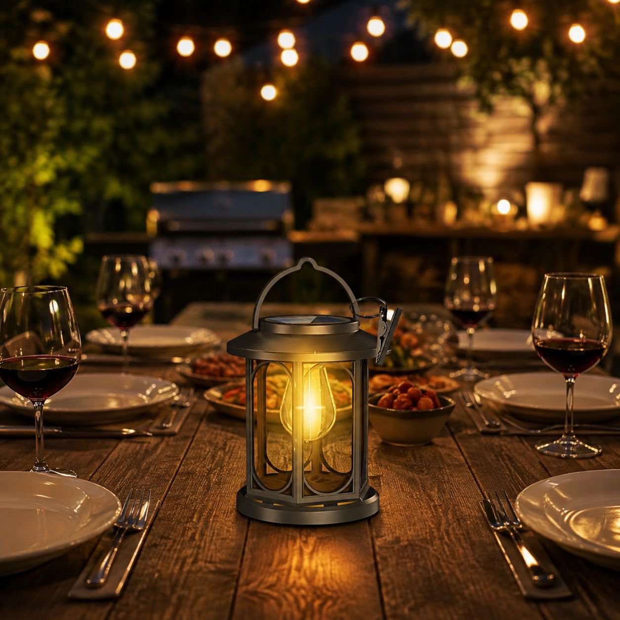 Solar powered retro garden light in a decorative setting