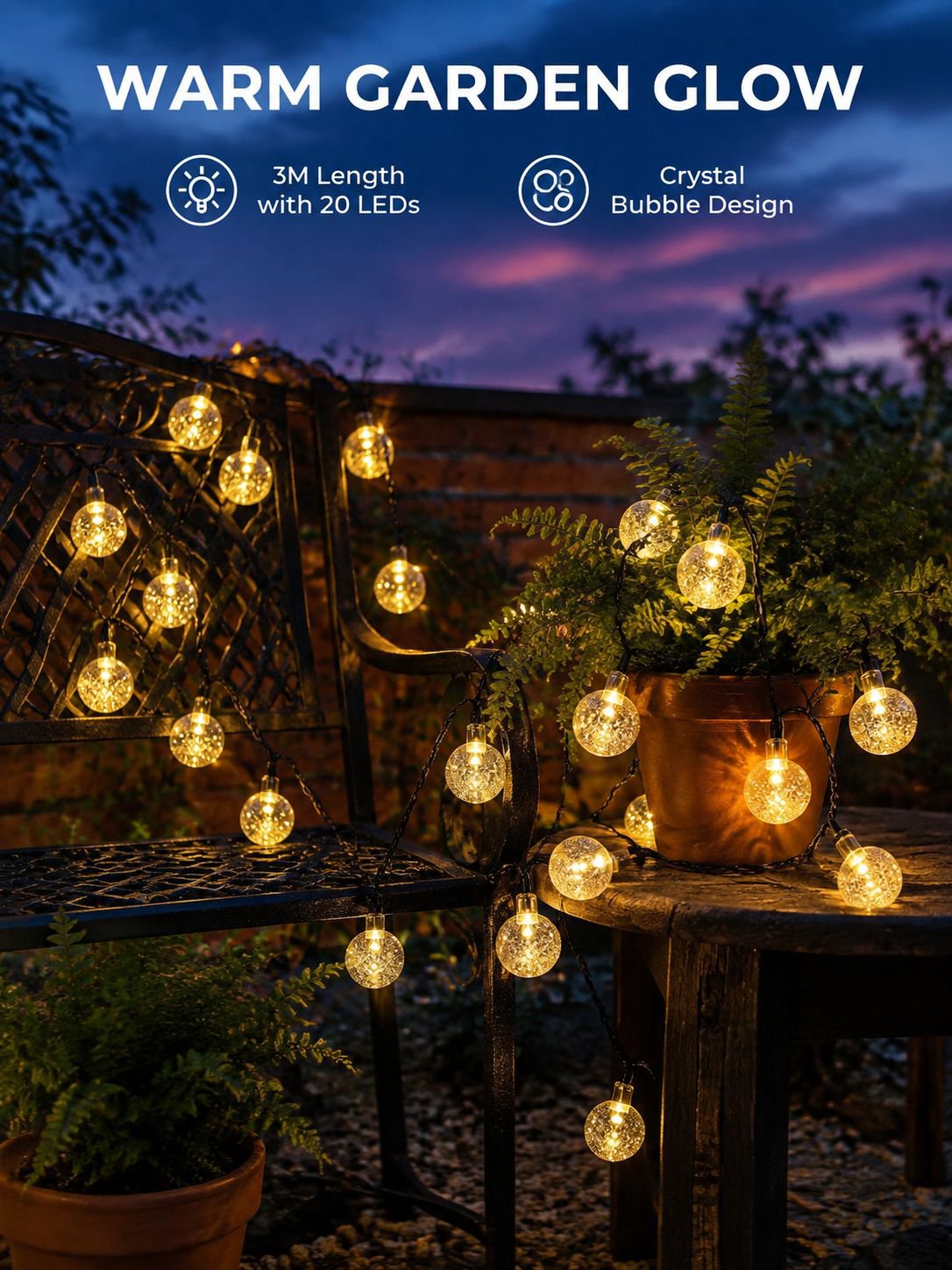 3M Waterproof Bubble Ball String Lights, 20 LEDs, Christmas Patio Decoration