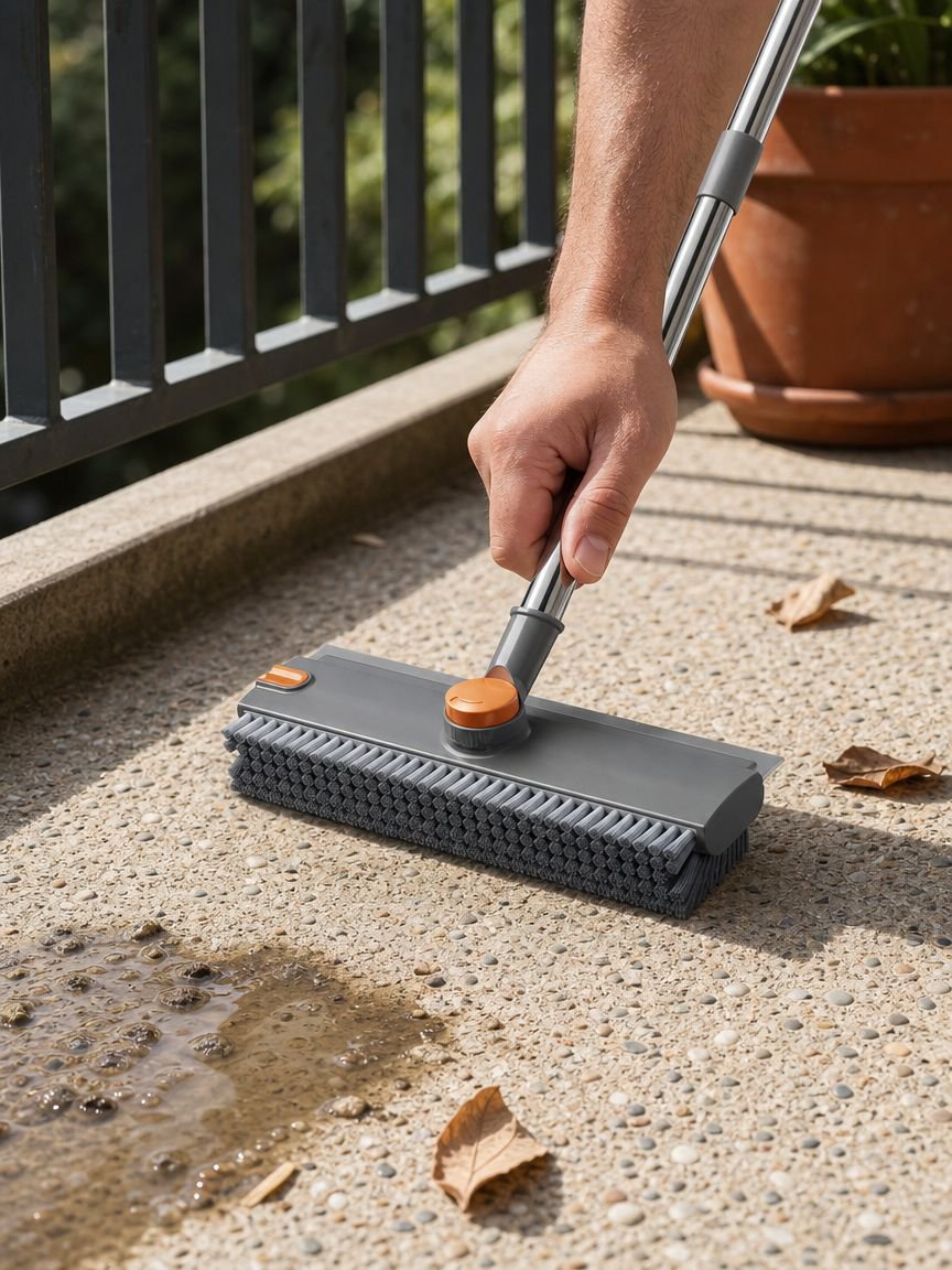 Stiff bristle brush scrubbing bathroom grout lines