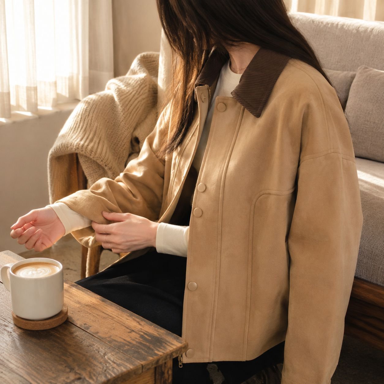 Chaqueta moderna con botones para mujer en color caramelo