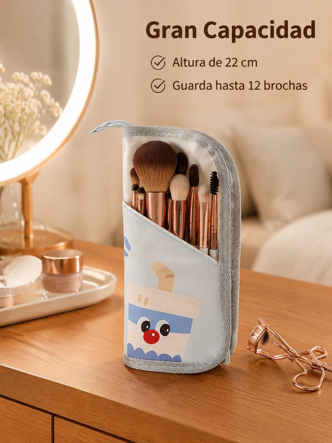 Neceser portátil de brochas de maquillaje con dibujos animados, multiusos