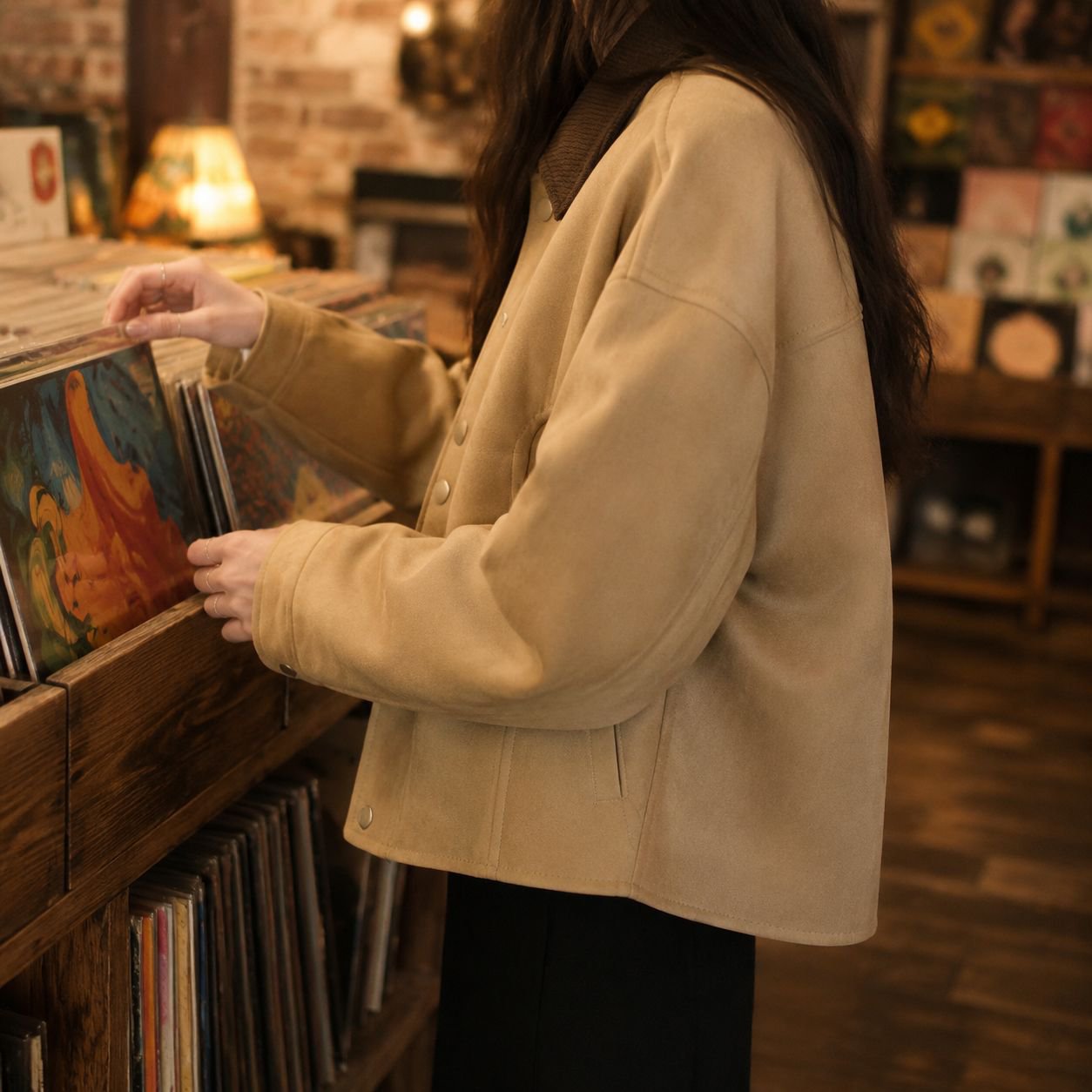 Chaqueta corta de otoño para mujer en ante color caramelo