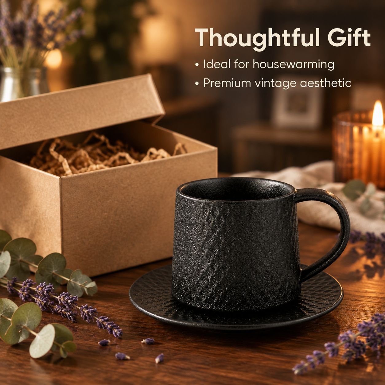 Premium vintage-style stoneware coffee cup and saucer set