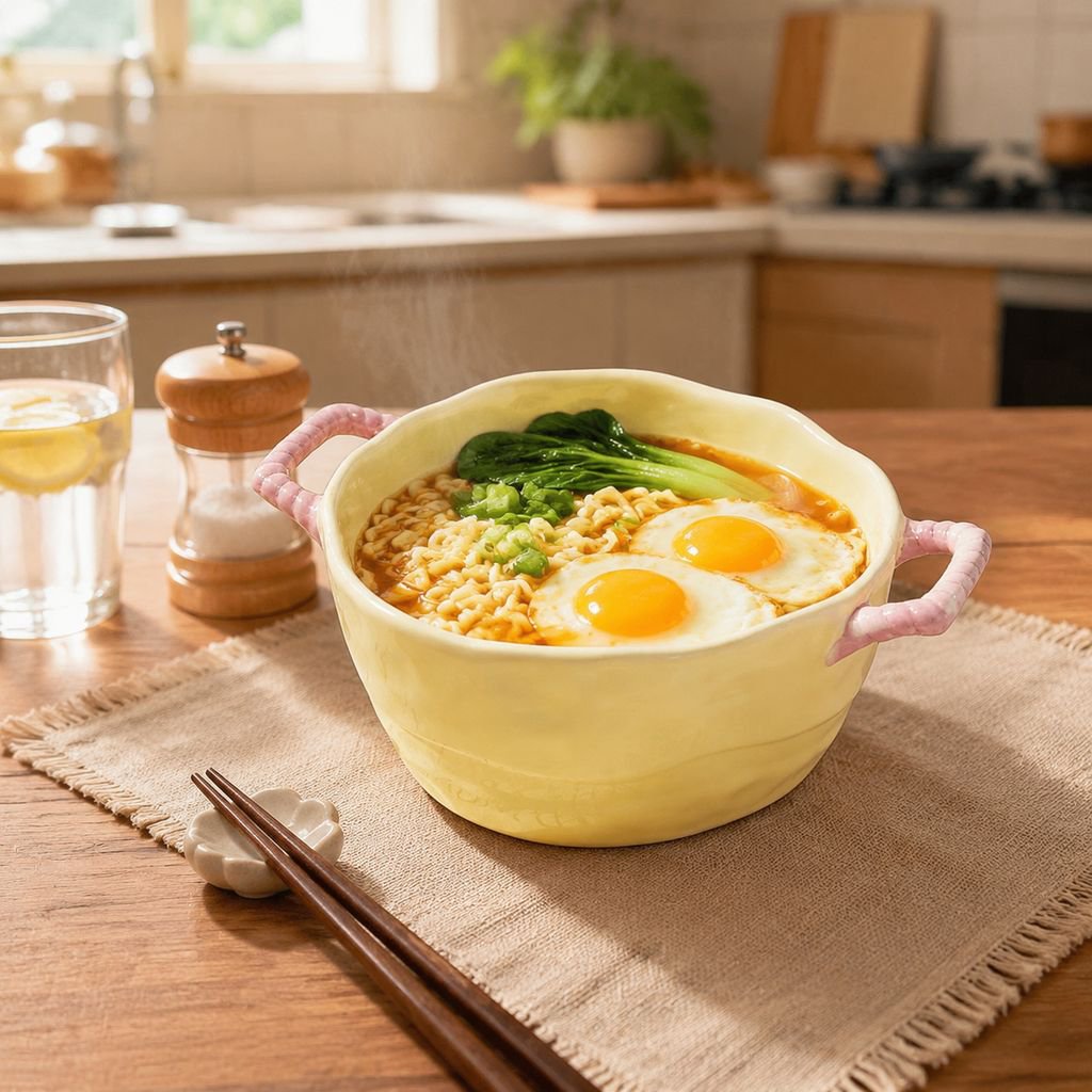Cuenco de sopa grande con asa, cuenco de fideos instantáneos con diseño estriado