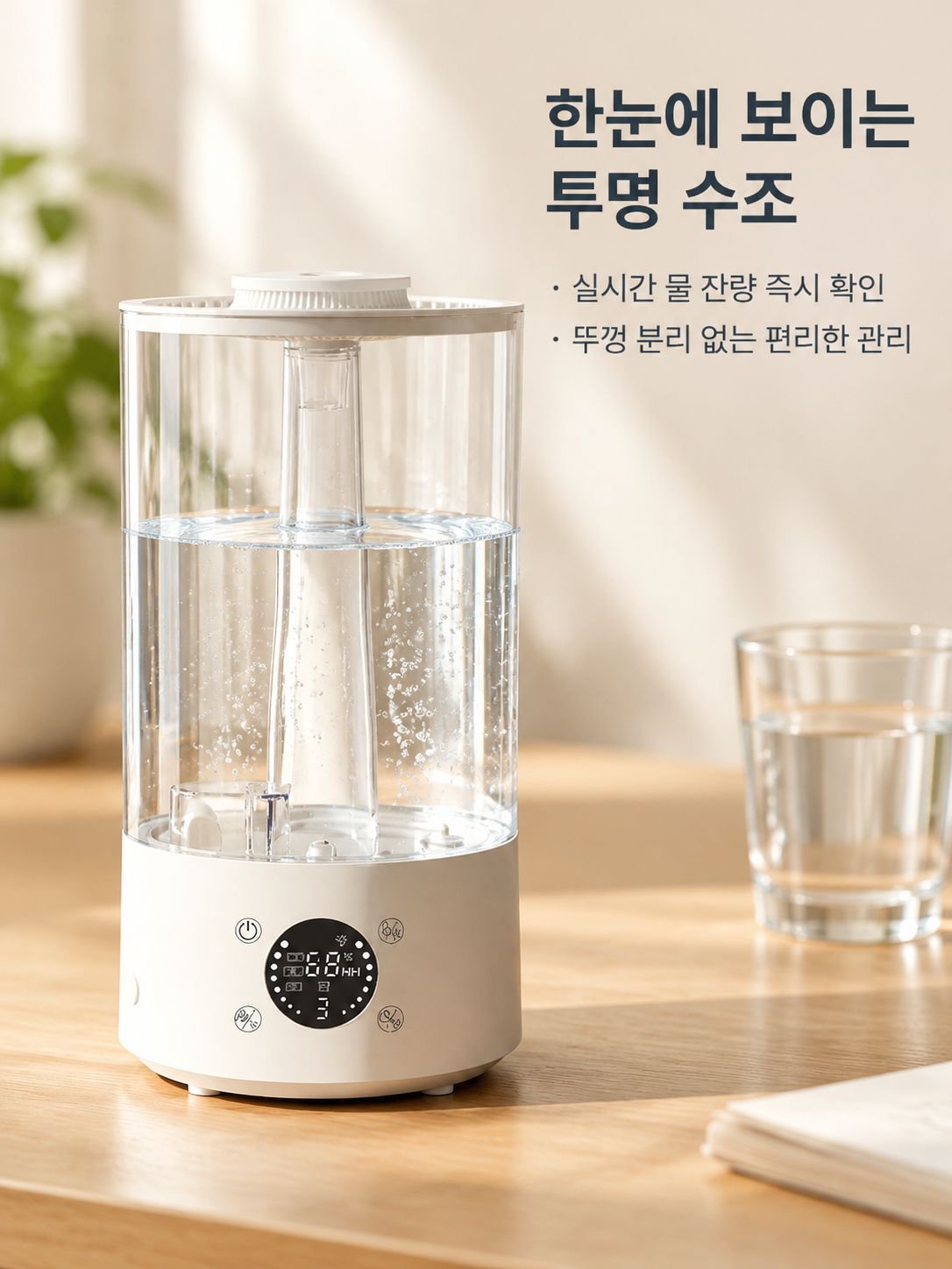 가정용 침실·거실용 투명 데스크탑 가습기, 저소음 수분 보충 대용량 분무 가습기