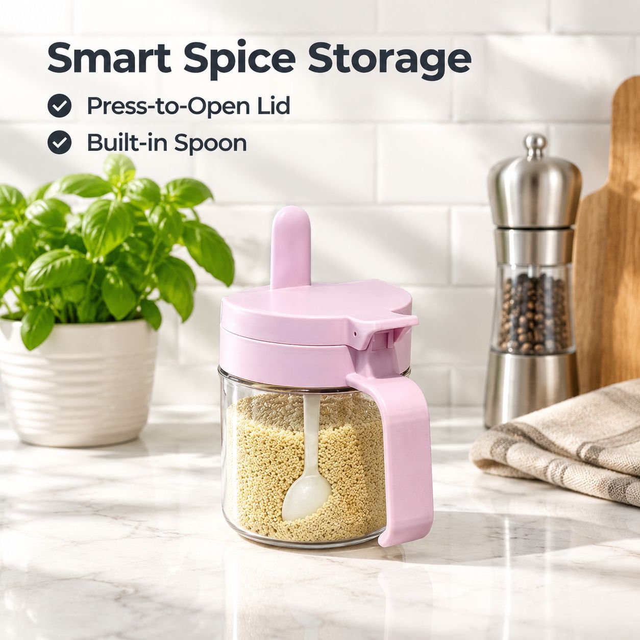 Airtight Moisture-Proof Plastic Spice Jar with Press Pop-Up Lid and Built-in Spoon