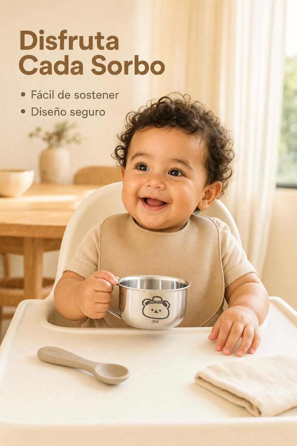 Vaso infantil de acero inoxidable con asa y protección contra quemaduras