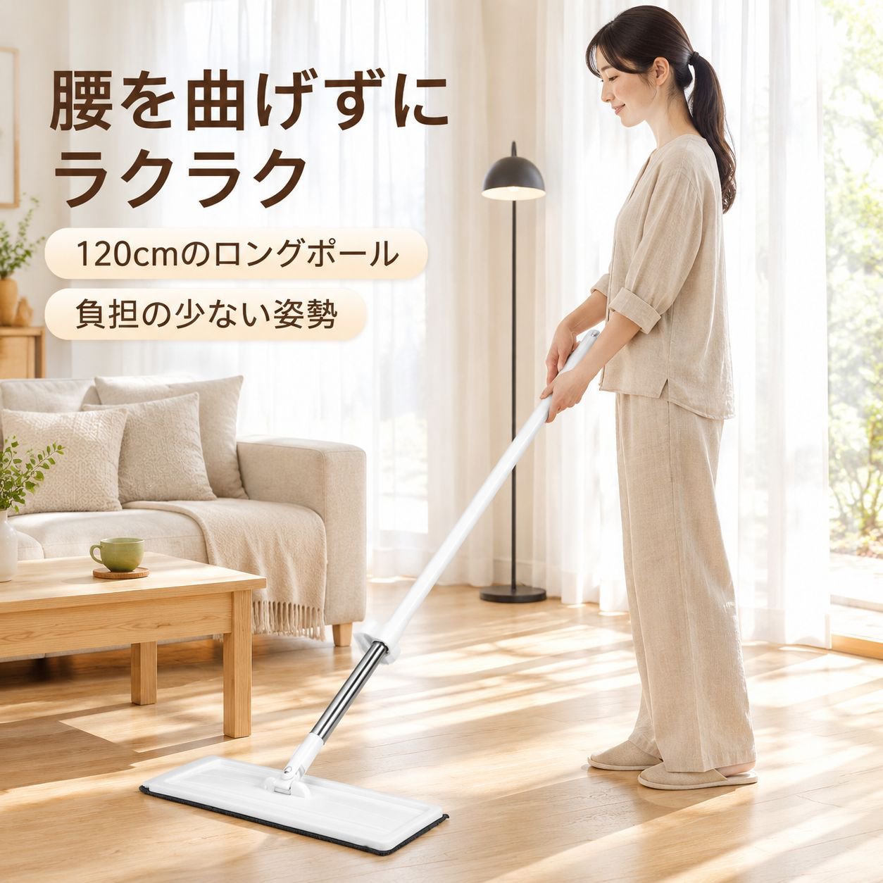 新作 リビング用 ハンズフリー フラットモップ 回転式 大型 ロング柄 乾湿両用 フローリング用