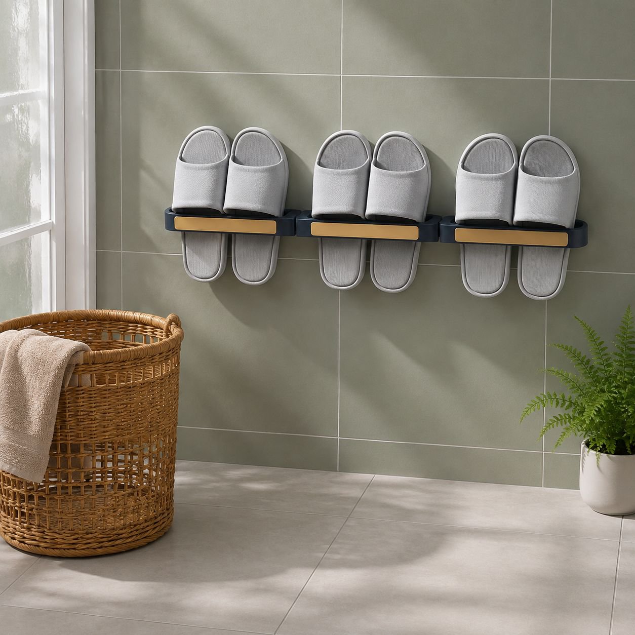 Punch-Free Bathroom Wall Slipper Organizer and Drainage Rack