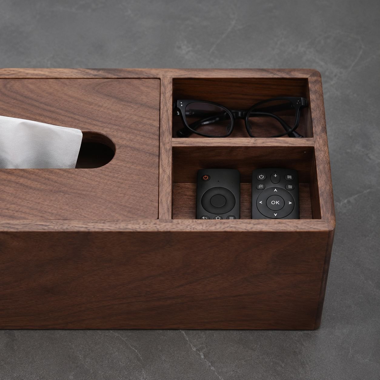 Solid walnut tissue box organizer on living room table