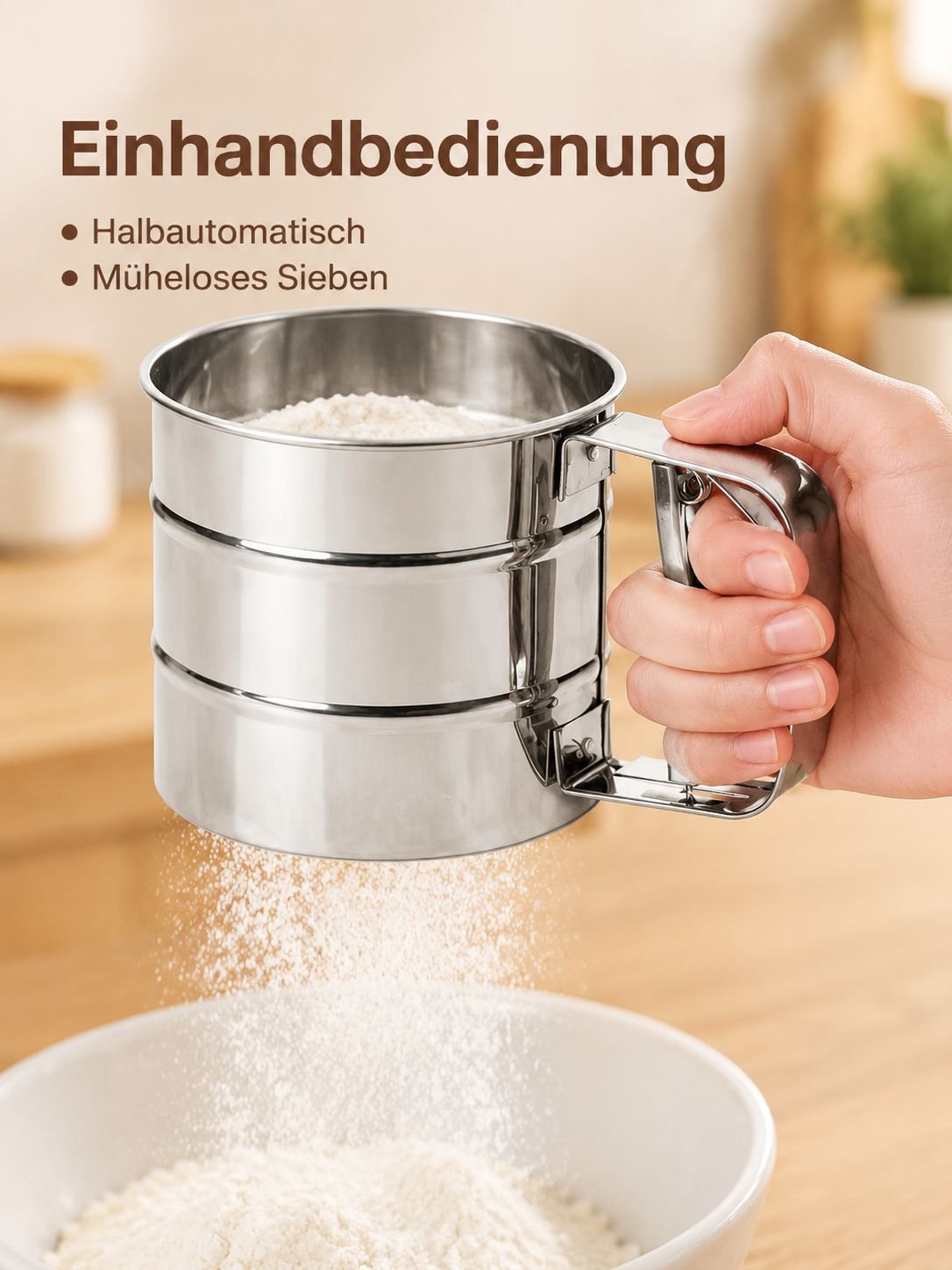 Handgeführtes halbautomatisches Feinsieb aus Edelstahl mit Filternetz