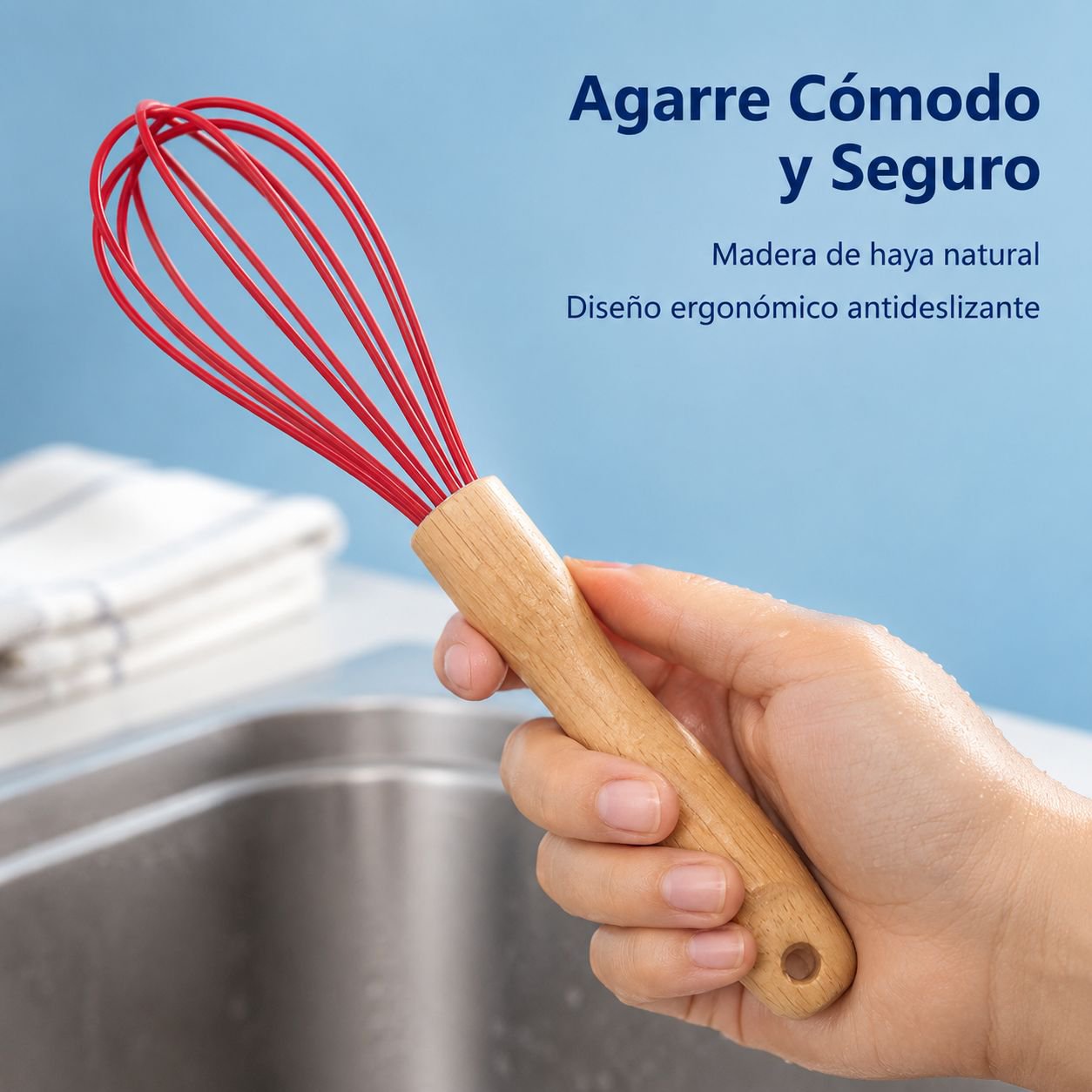 Batidor de huevos manual de silicona con mango de madera