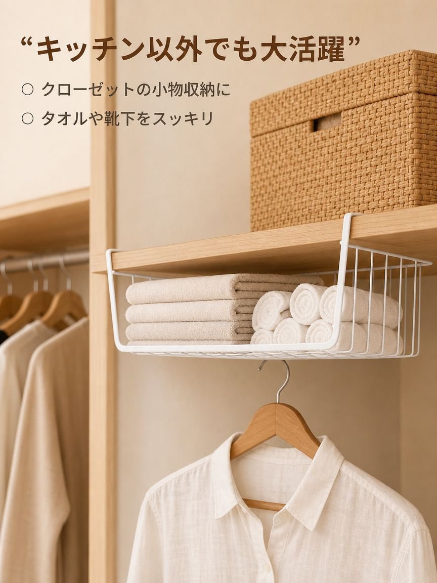 穴あけ不要のキッチン吊り下げ式バスケットラック