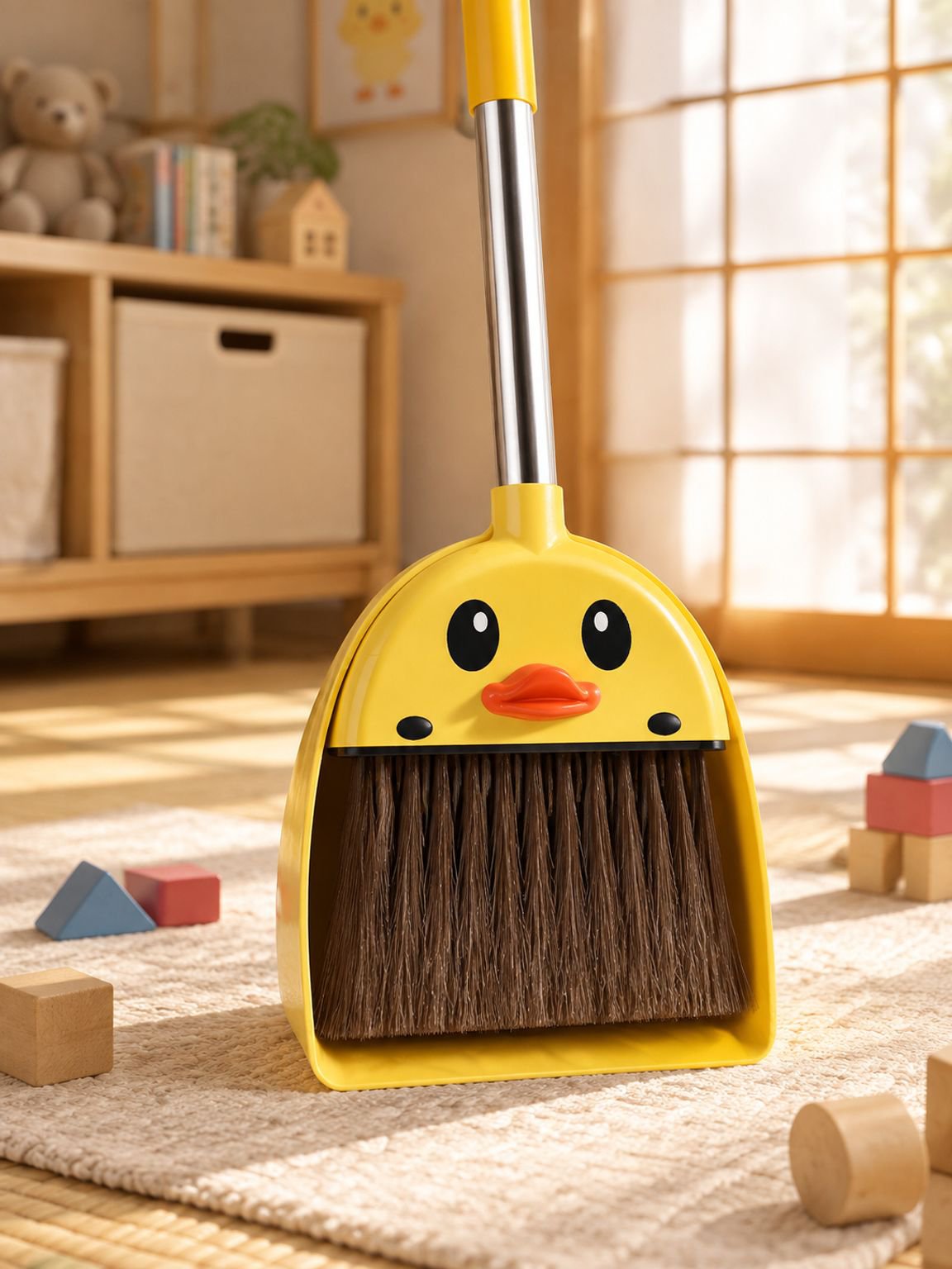 小さな黄色いアヒルの子供用ほうきとちりとりセット全体写真