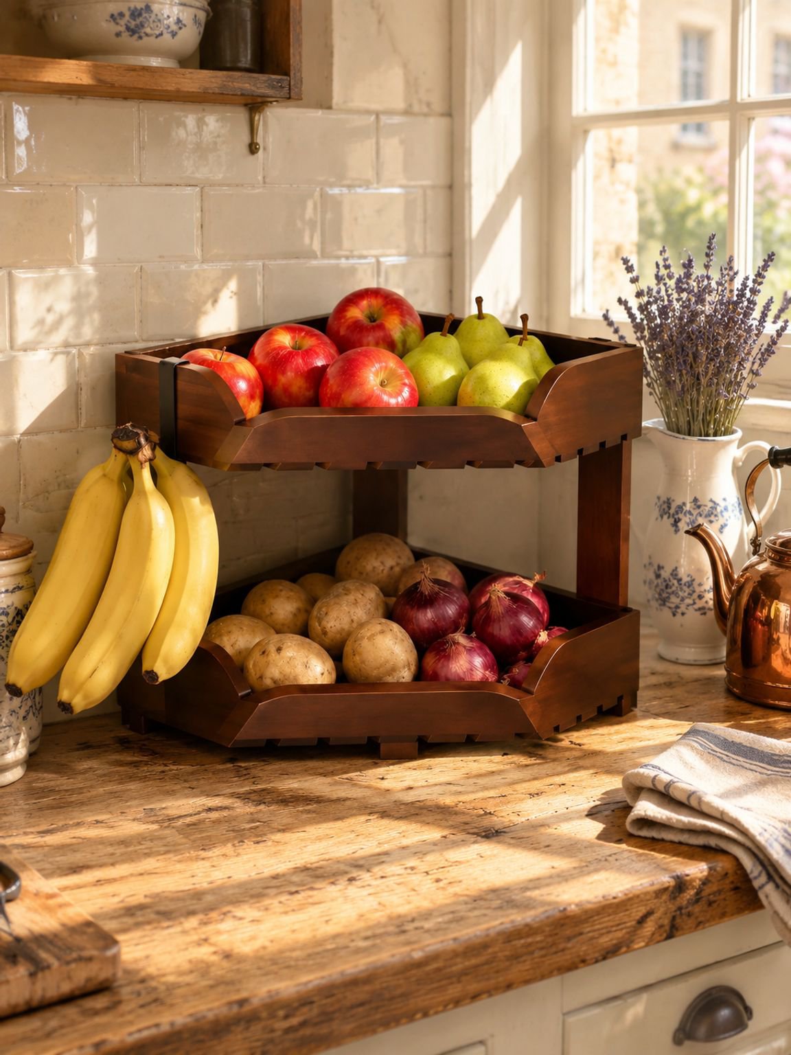 Étagère de rangement d'angle à deux niveaux pour fruits et légumes de cuisine