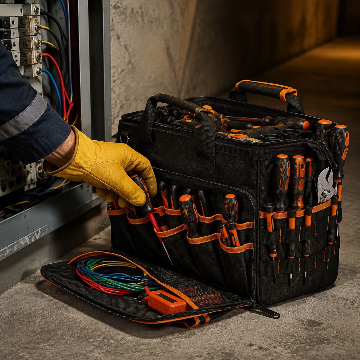 17-inch Heavy Duty Electrician Bag for Men, Foldable Wide-Mouth Storage Bag with Adjustable Shoulder
