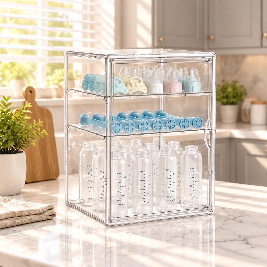 Baby bottle storage cabinet, dustproof transparent shelf