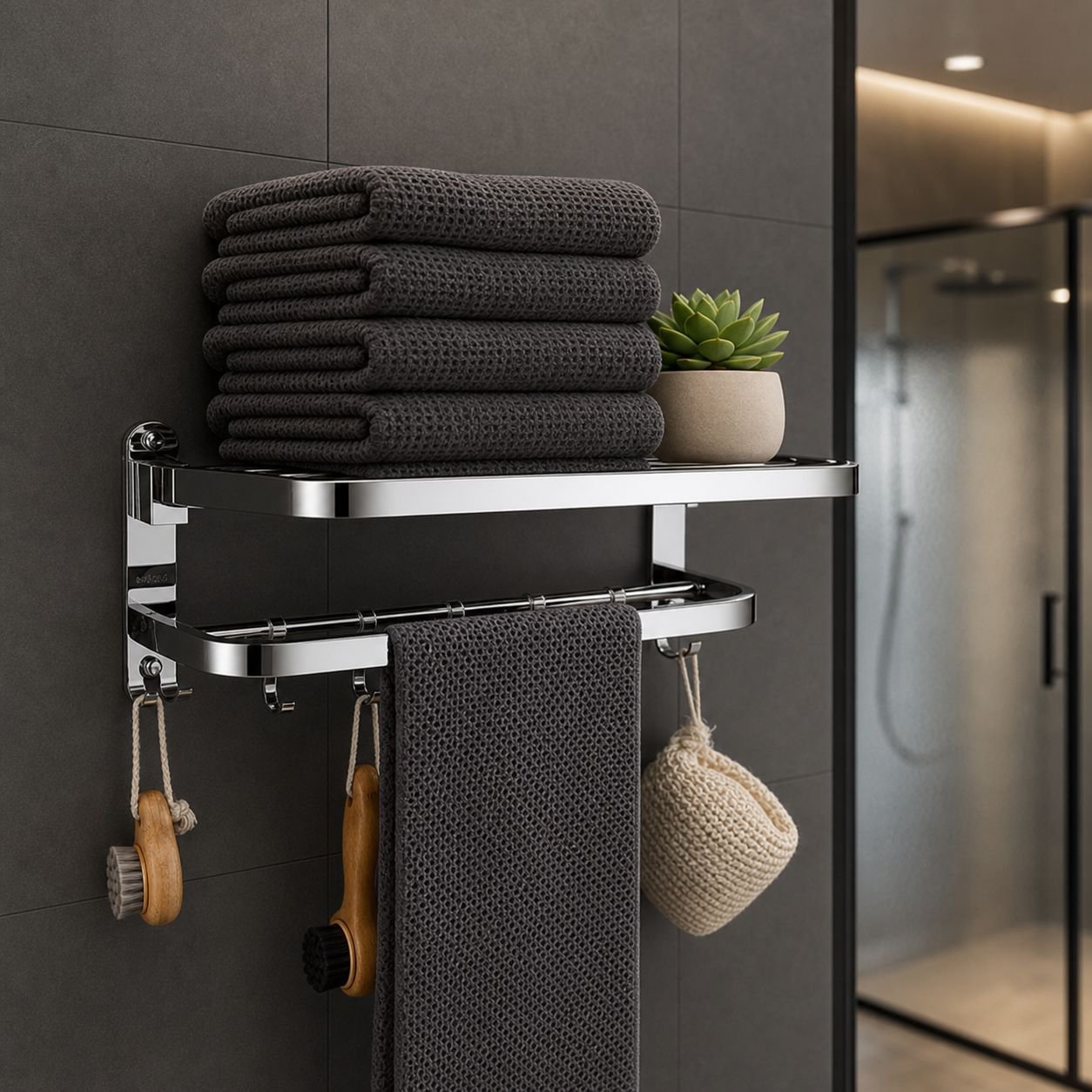 Easy installation towel shelf with hardware kit