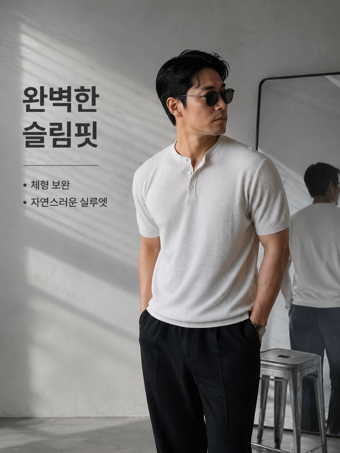 우아한 헨리넥 아이스 실크 니트 티셔츠