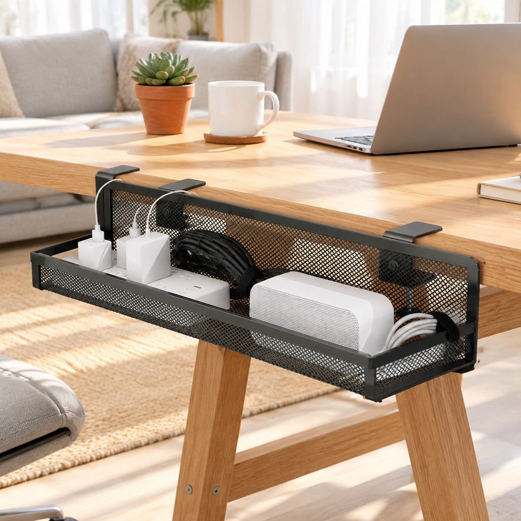No-drill power strip holder, cable management box, under-desk cable organizer