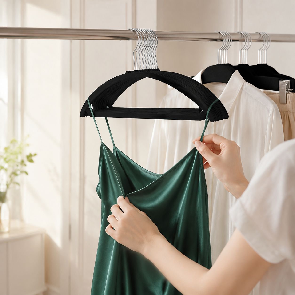 Wardrobe organized with non-slip hangers for shirts and dresses