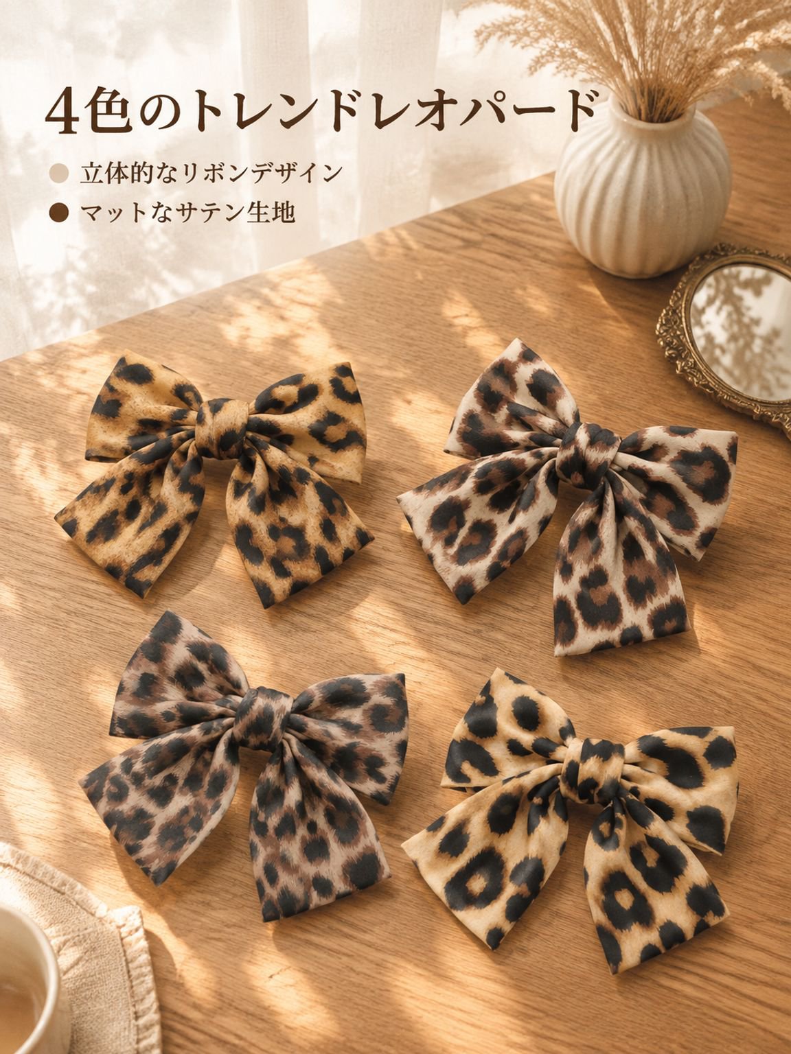 ヒョウ柄のリボンヘアクリップ